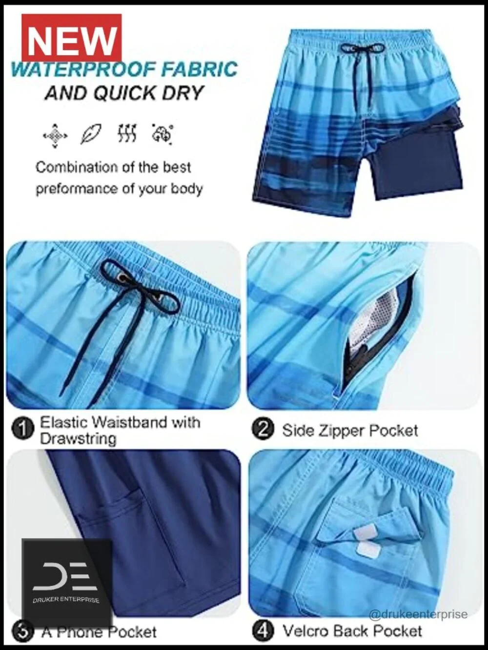Quick Dry Swim Trunks with Compression Liner 2 in 1 Shorts